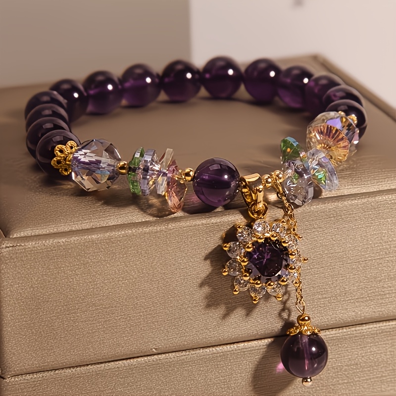 TEMU 1pc Elegant Bead Bracelet With Golden-tone Synthetic Zirconia Pendant – Bohemian Style, Perfect For Parties Or Gifts, Women's Fashion Accessory