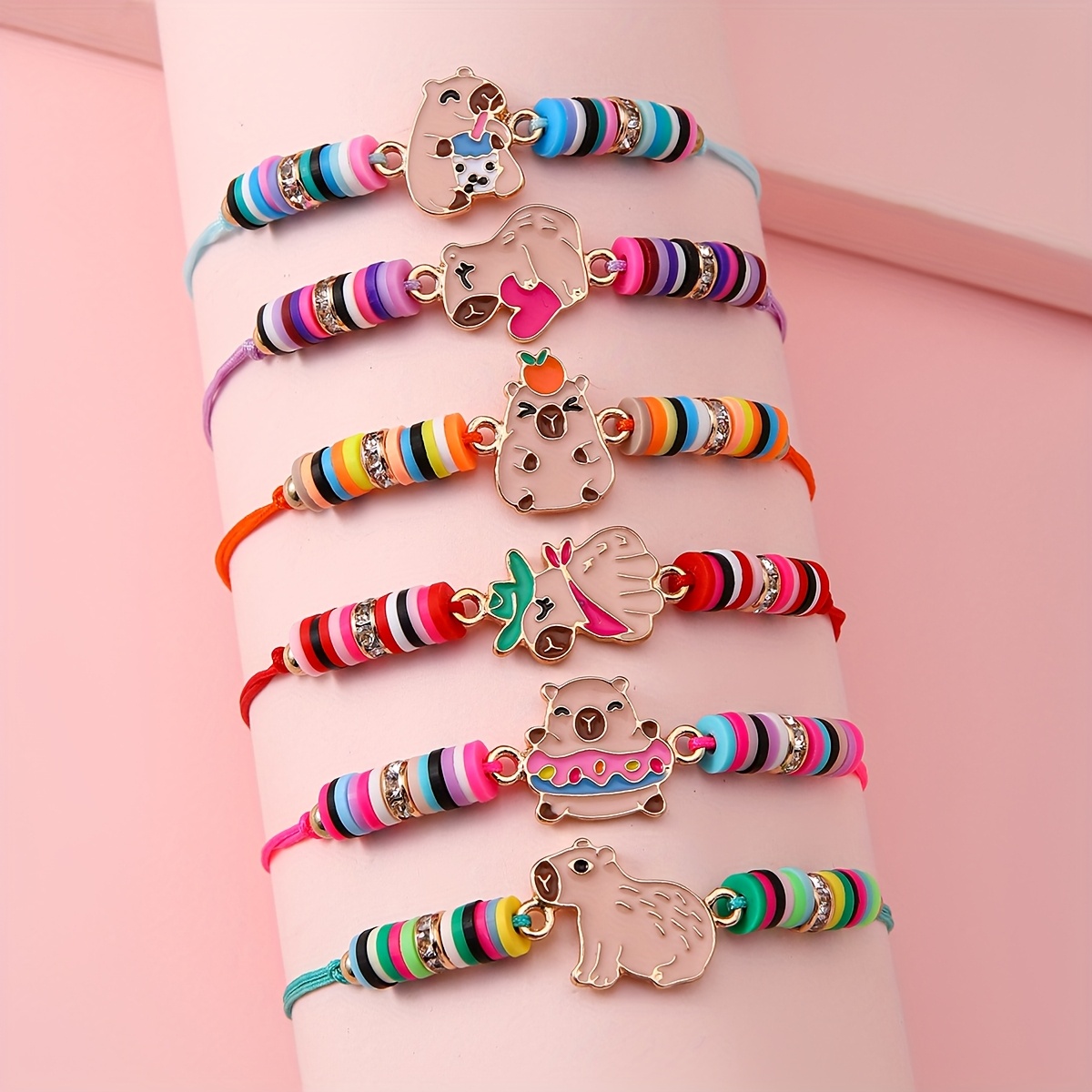6pcs Cute Capybara Alloy Adjustable Pull String Bracelet Set