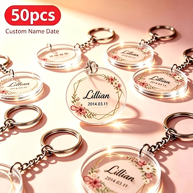 TEMU 50 Porte-clés Ronds Transparents en Acrylique, Personnalisables avec , Dates et , Pendentifs Commémoratifs à Soi-, Convient pour Souvenirs de