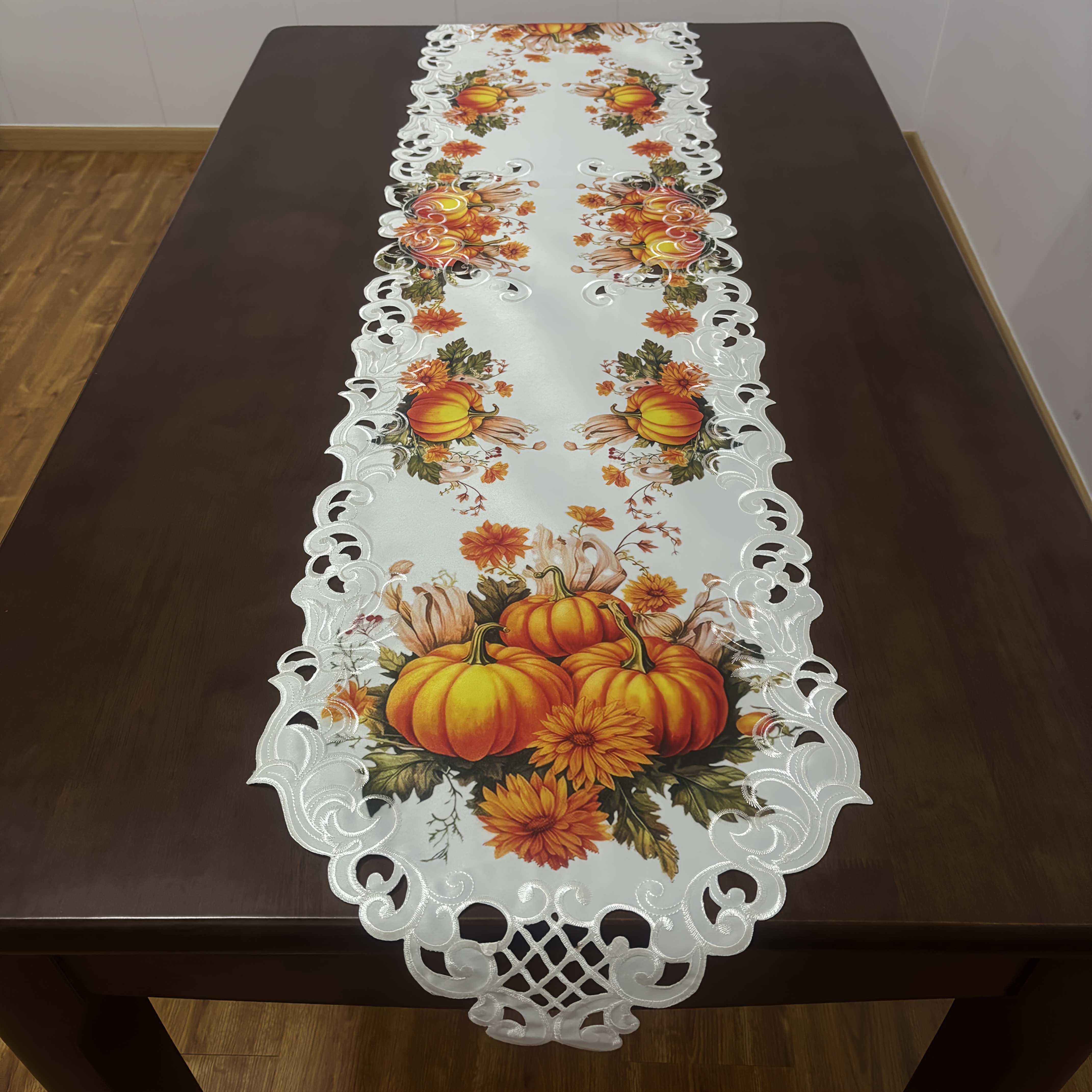 TEMU Thanksgiving Autumn Embroidered Table Runner With Hollow Sunflower And Pumpkin Print Embroidery Suitable For Thanksgiving Dressing Table Scarf