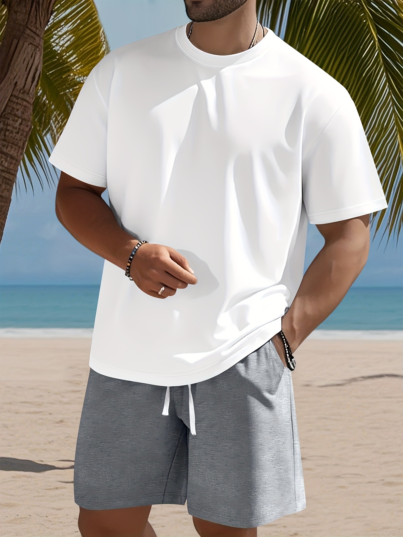 Men's Set, Solid Color Crew Neck Knit T-Shirt with Drawstring Cotton Shorts, Slightly Stretchy Fabric, Comfortable and Breathable, Perfect for Spring/Summer Outdoor Leisure and Sports, Keeps You Light and Carefree