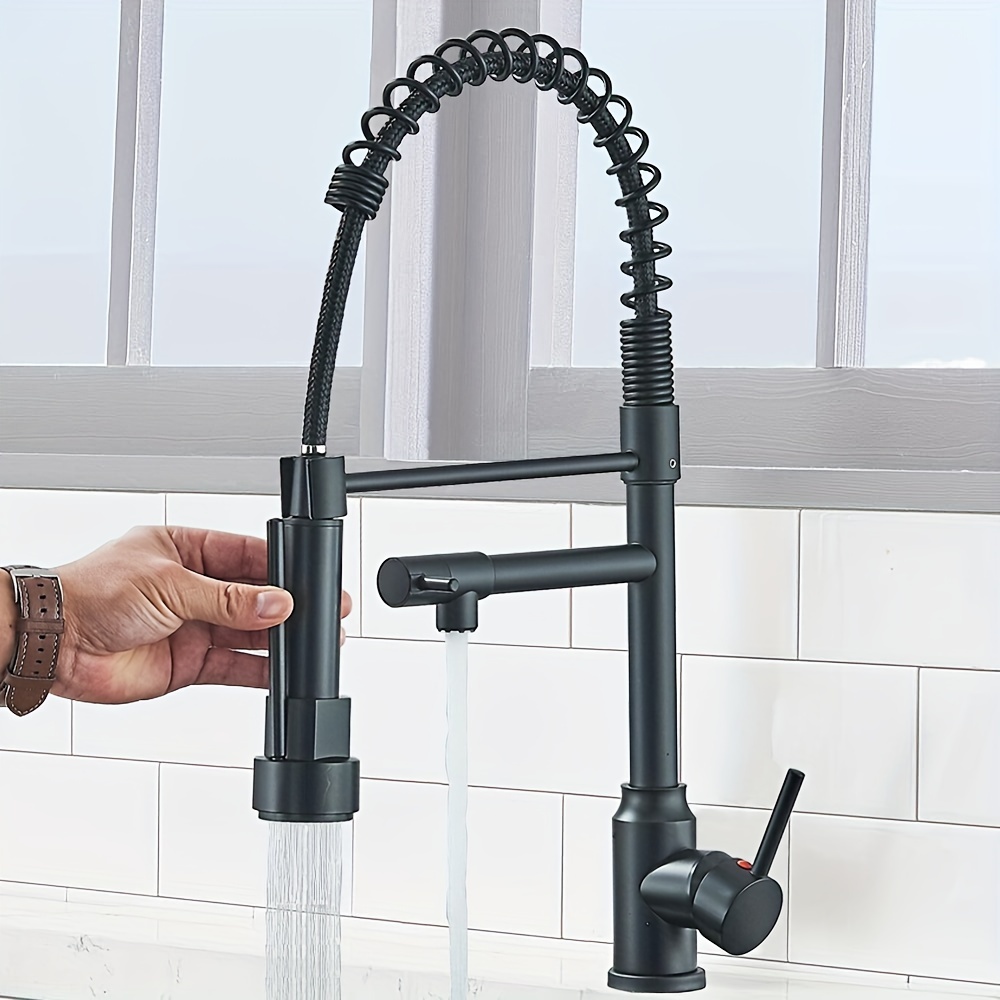 TEMU 1pc Contemporary Kitchen With Pull Down Sprayer, Single Handle Single Hole High Arc Spring Commercial Kitchen Sink Mixer Tap, 360° Telescopic