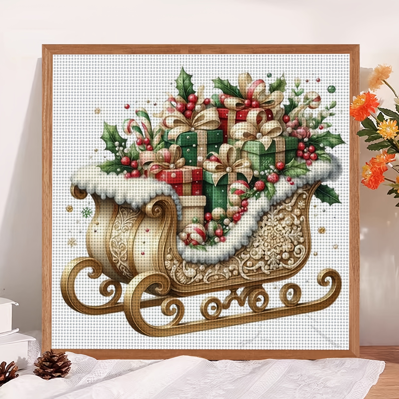Cross Stitch Print Kit, Christmas Sleigh with Gifts Pattern