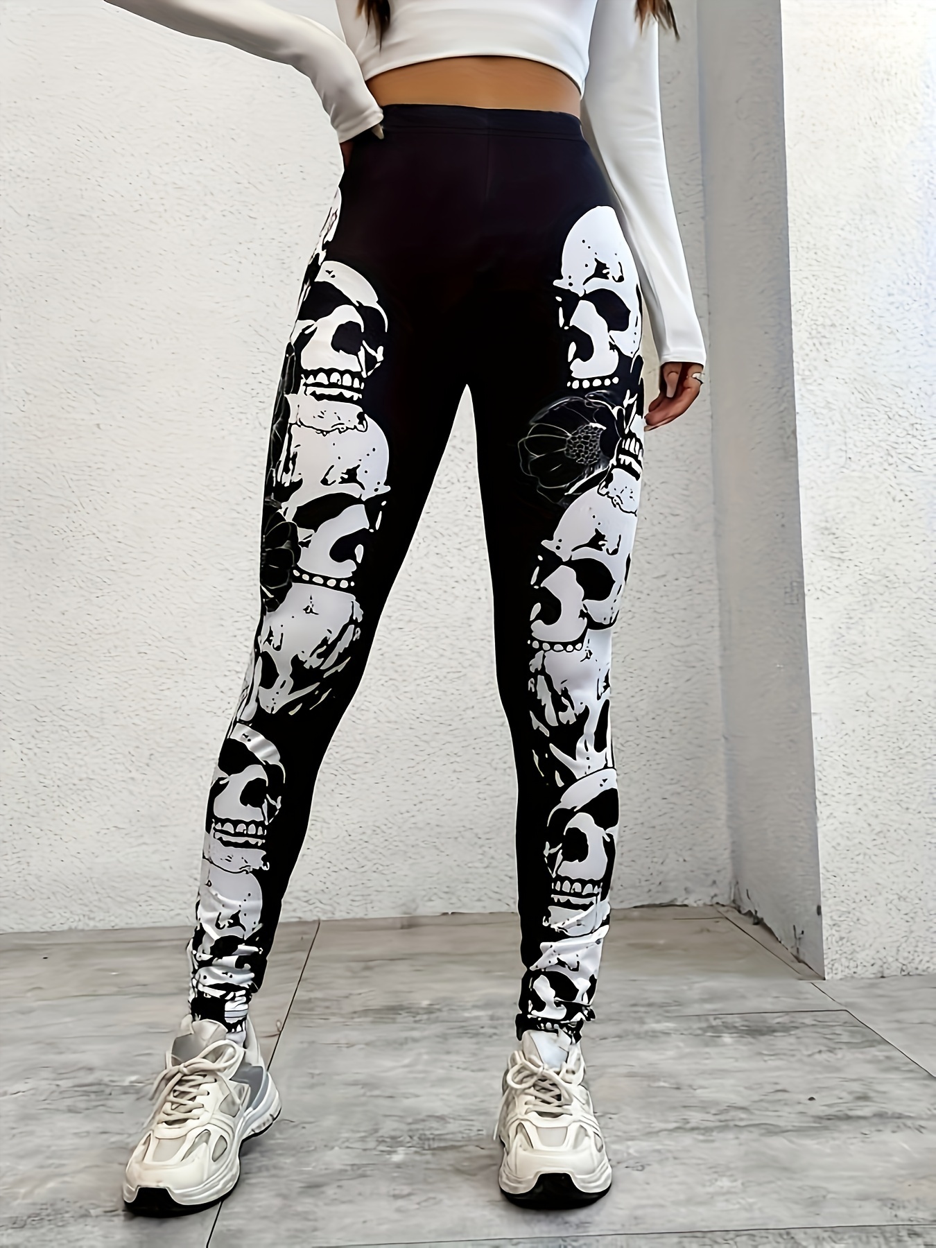 Skull Print Skinny Leggings, Casual Elastic Waist Stretchy Leggings,  Women's Clothing