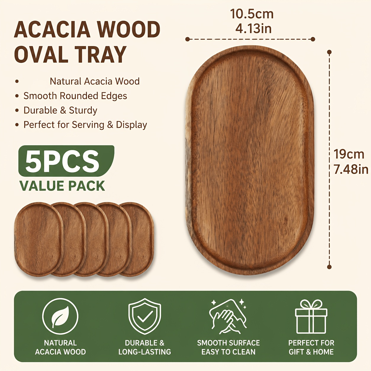 TEMU 5pcs Acacia Wood Tray Set - The Perfect Festive Gift. Oval Design With Hanging Holes. Suitable For Fruits, Vegetables, Meat, - An Essential