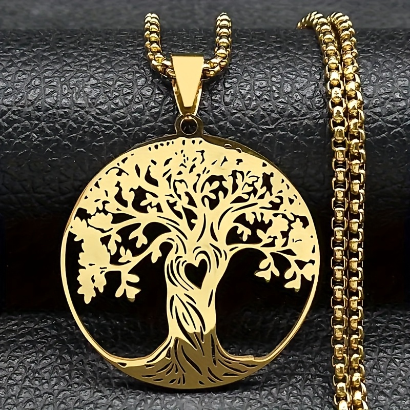 TEMU Elegant Tree Of Stainless Steel Golden Silvery Necklace