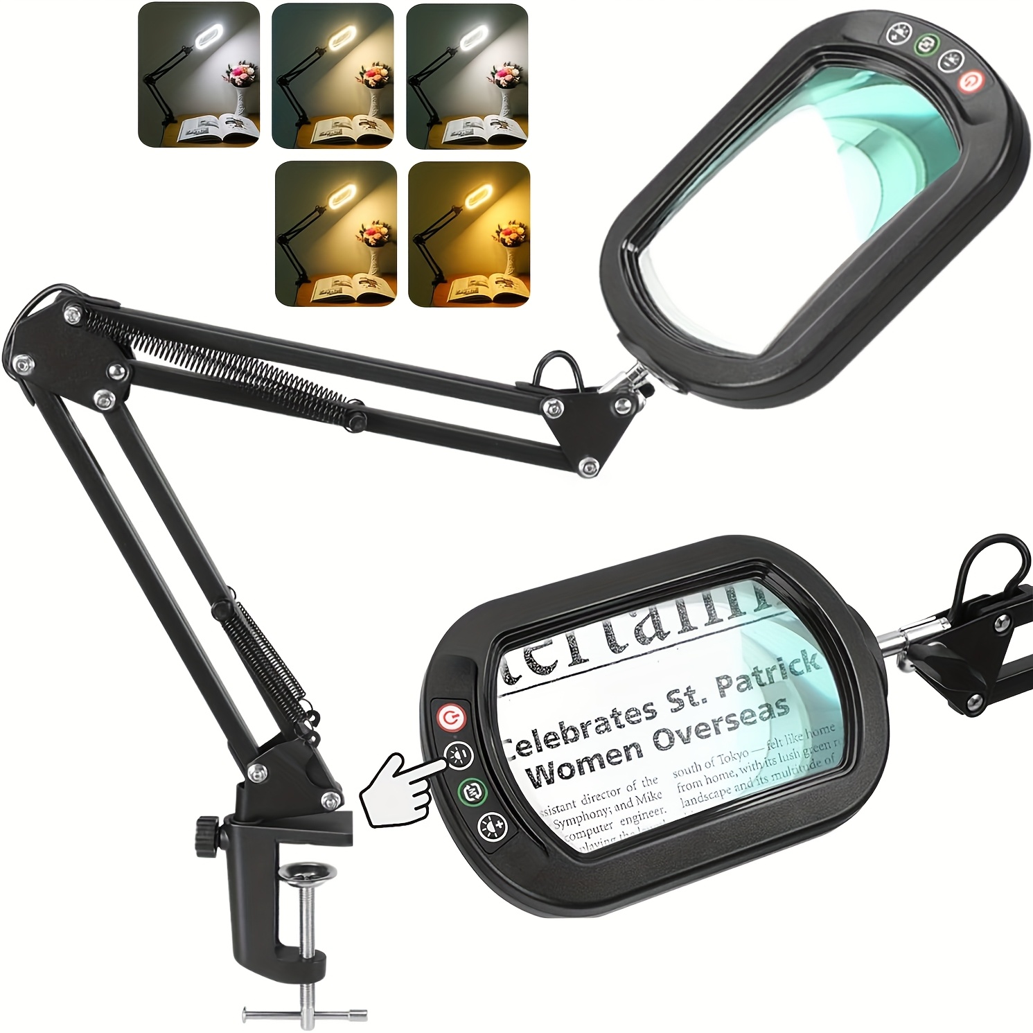 10x Rectangle Magnifying Glass With Light, Dimmable Magnifier With Stand, Led Lighted Clamp Desk Lamp With Swing Arm, Hands Free For Reading Painting Crafts Close Work