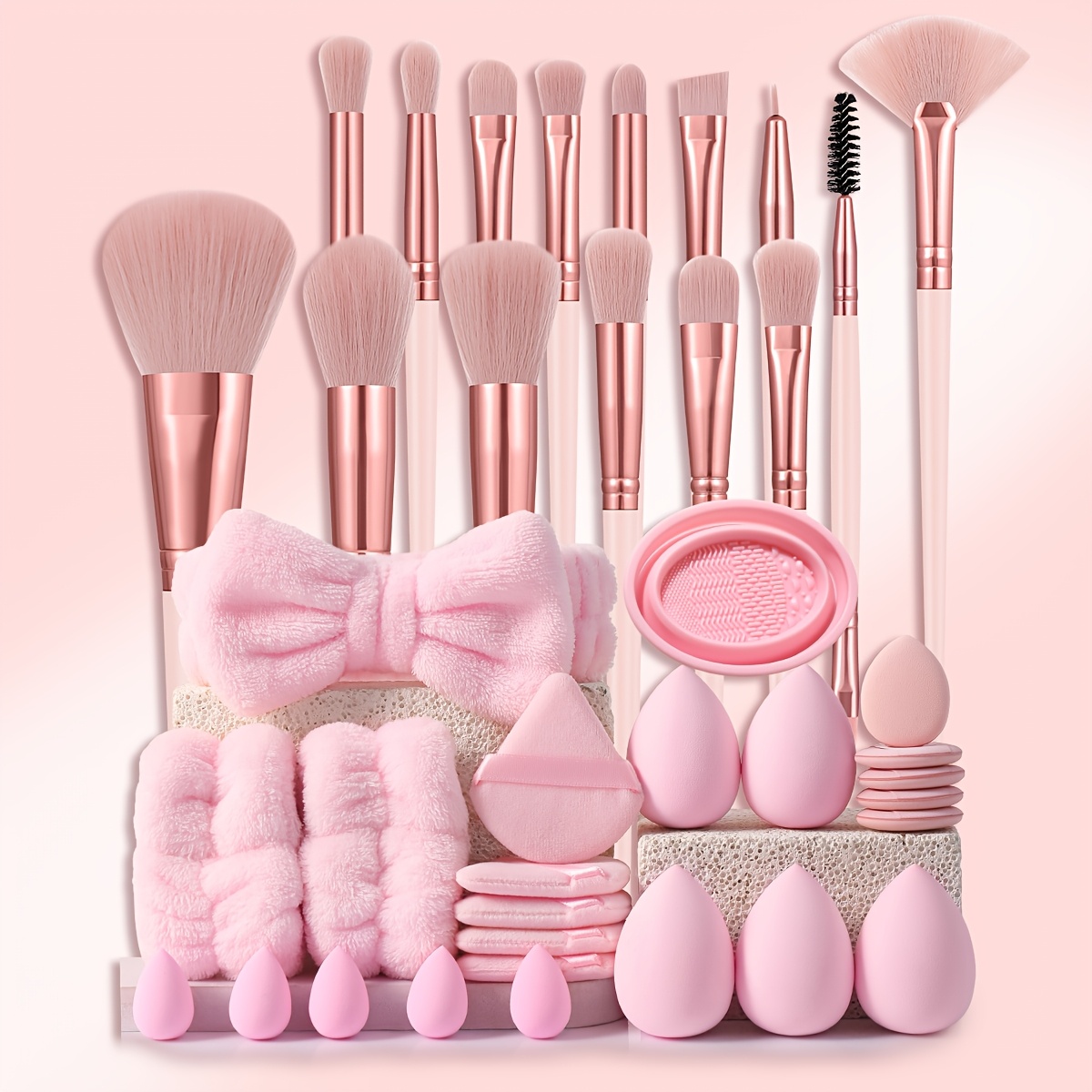 

39pcs Makeup Tool Set Includes: 15pcs Makeup Brush Set + 4pcs + 4pcs Mini + 4pcs + 8pcs Mini + 1pc Hair Tie + 2pcs Wrist Band + 1pc Makeup Brush Cleaning Tool