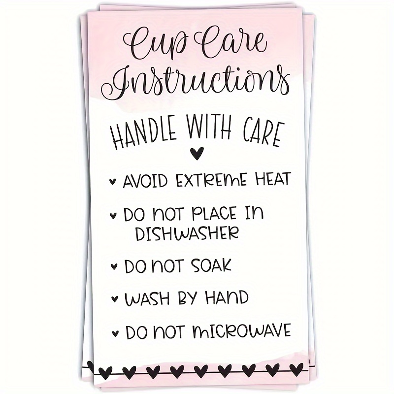 50pcs 3.54*2inch Pink Cup Care Instructions Cards - Tumblers And Mugs Care Instruction Insert For Small Business - Customer Directions Cards - Small Online Shop Package Insert