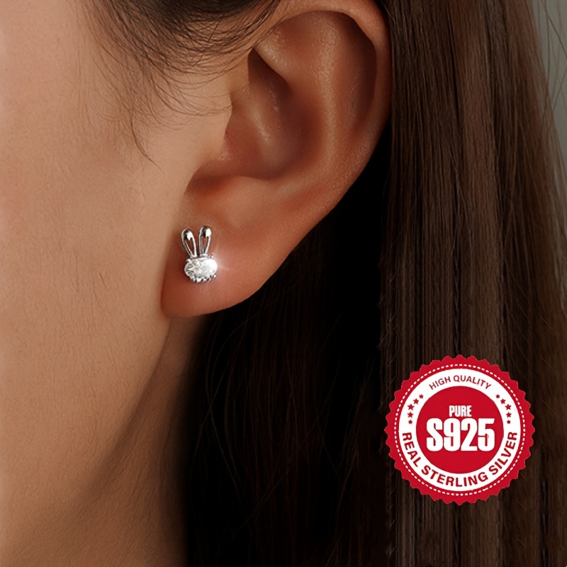 

S925 Sterling Silver Ladies Easter Bunny Stud Earrings Zircon Decor Stud Earrings 1.1g/0.04oz For Daily And Festival Wearing
