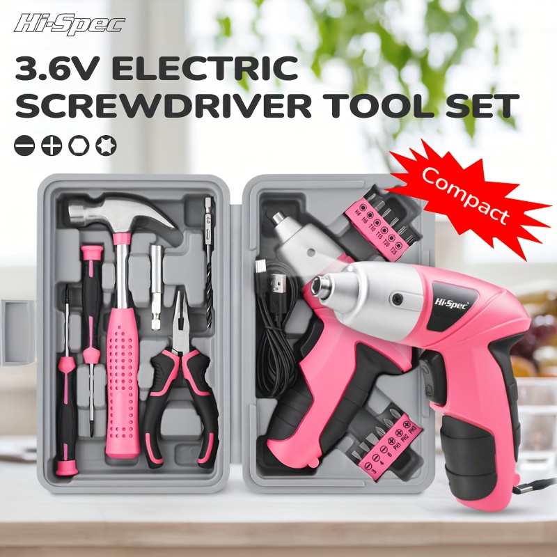 hi 6v electric screwdriver in pink a usb rechargeable lithium battery handheld tool kit portable and in multiple colors suitable for home the kit a claw hammer screwdrivers drill bits Product details 0
