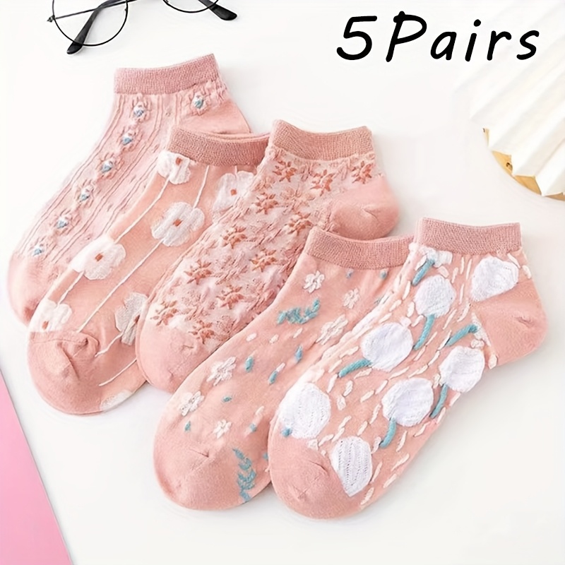 5 Pairs/10 Pairs Of Women's Floral Print Socks - Light And Breathable Spring And Summer Casual Socks, Pink, Blue And Green Patterns, Machine Washable, Design Of Women's Socks