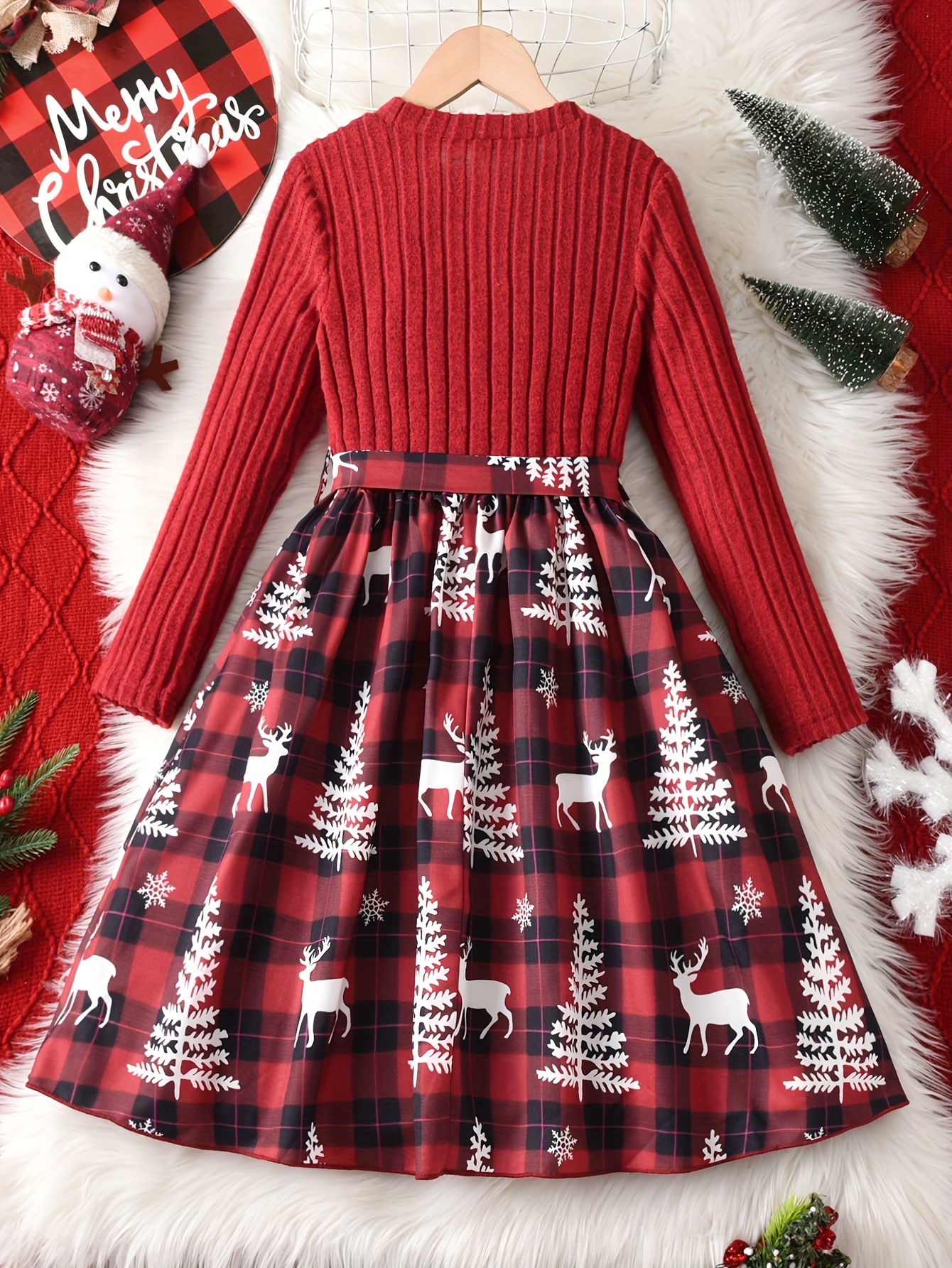 Robe De Noël Pour Fille - Manches Longues, Imprimé Festif, Jersey Coton Doux, Taille 2-10 Ans