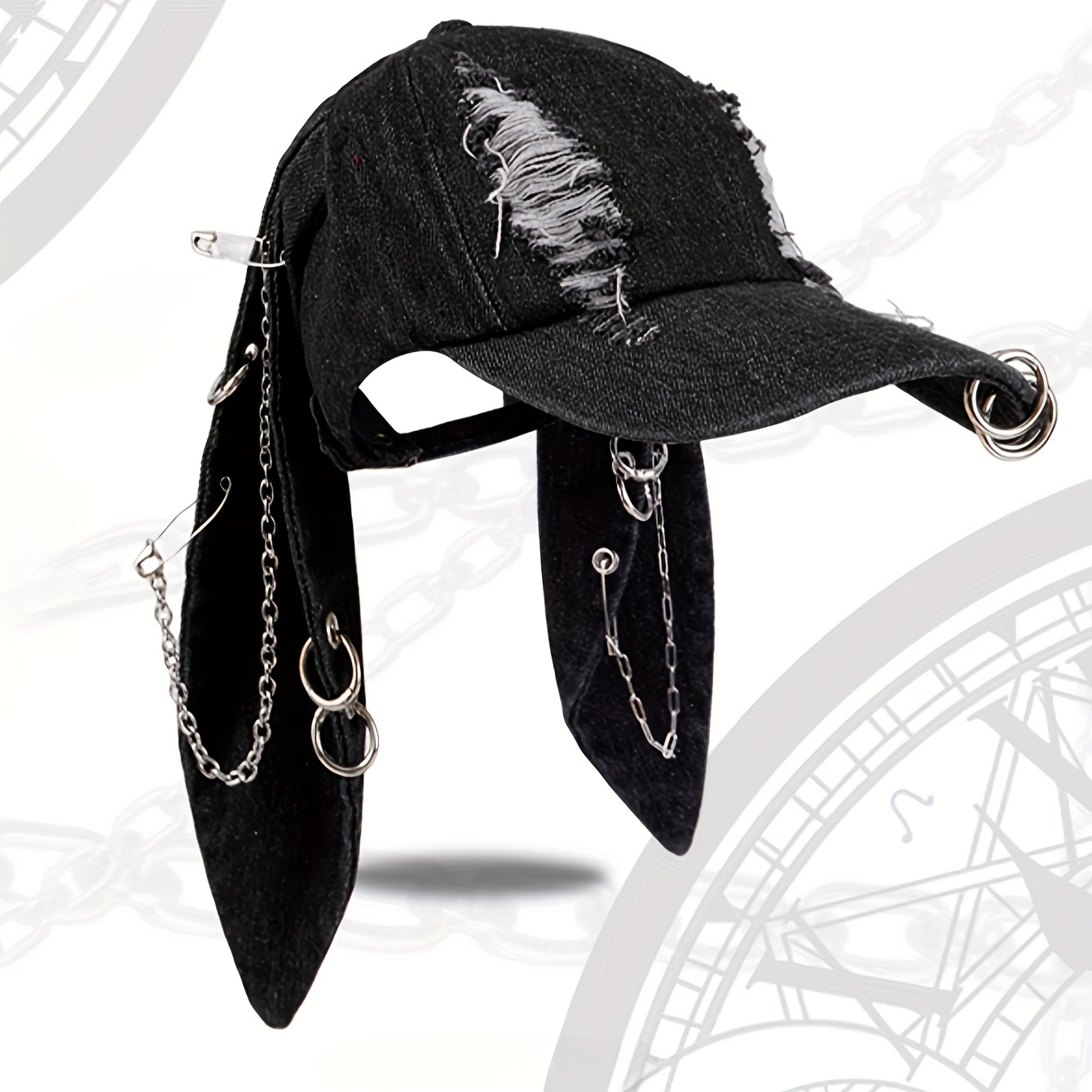 Y2K Punk Bunny Ear Distressed Denim Baseball Cap - Black THESSNCE Y2k Punk Grunge Hat Denim Bunny Hat Chains  main image 4
