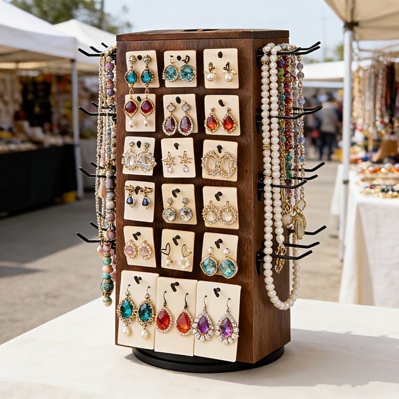 TEMU 1 Jewelry Display Stand With 360° Rotating Earring Holder Features 48 Movable Hooks And A Top Storage Compartment With Lid Ideal -one Storage