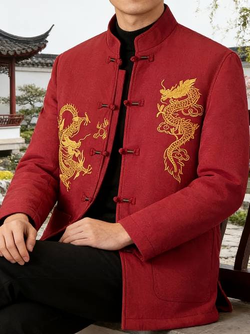 item picture embroidered chinese style long sleeve jacket for men non stretch fabric collar fall embroidered animals details chinese size please check the size guide thick