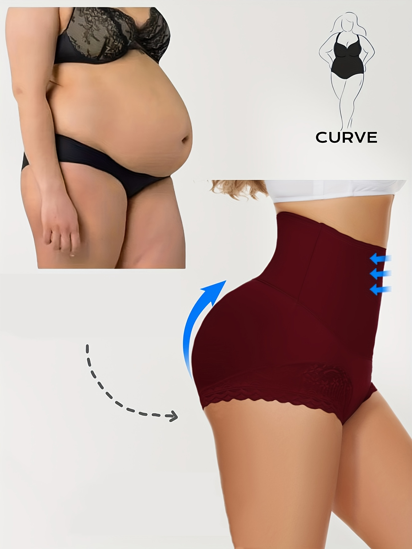 Women's Plus Size High Waist Shapewear Panties - Soft, Comfortable Nylon Blend with Lace Detail, Breathable & Elastic Tummy Control, Elegant Solid Color Briefs