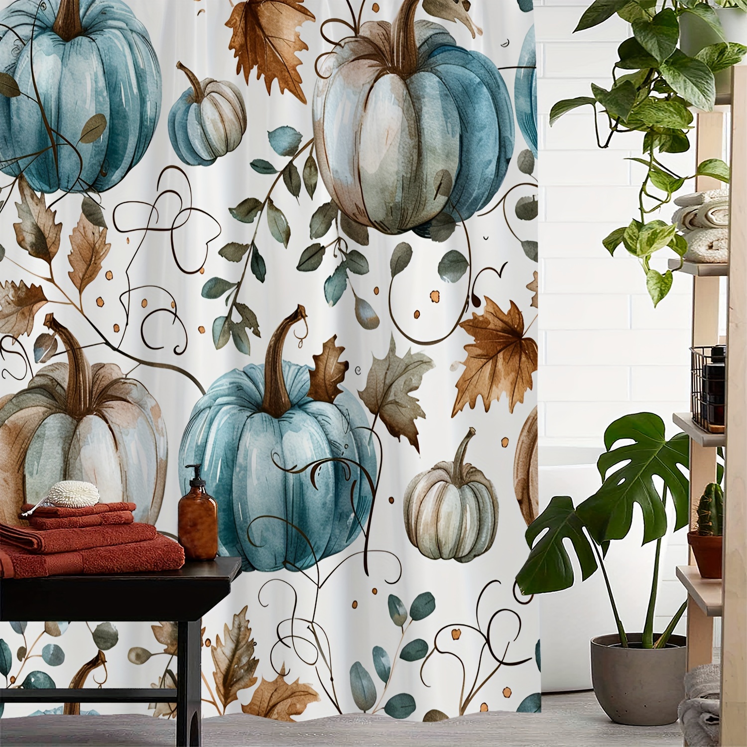 

Vintage Maple Leaf Pumpkin Print Waterproof Shower Curtain With 12 Hooks, Machine Washable, Water-resistant Polyester, Woven Arts-themed Curtain For Bathroom And Windows