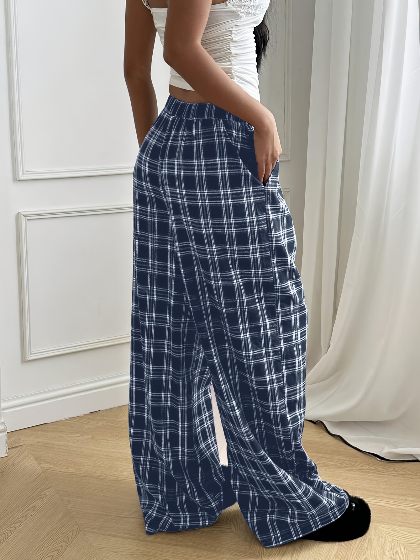 Women'S Casual Plaid Drawstring Wide-Leg Pants Loose Fit Green  White Checkered Pattern, High-Waisted Design with Drawstring Waist Spring 