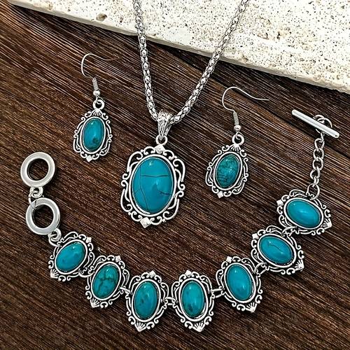 1 set of fashionable vintage bohemian style geometric turquoise patterned earrings 2 bracelets 1 necklace womens jewelry set suitable for women and for dates parties vacations and daily wear