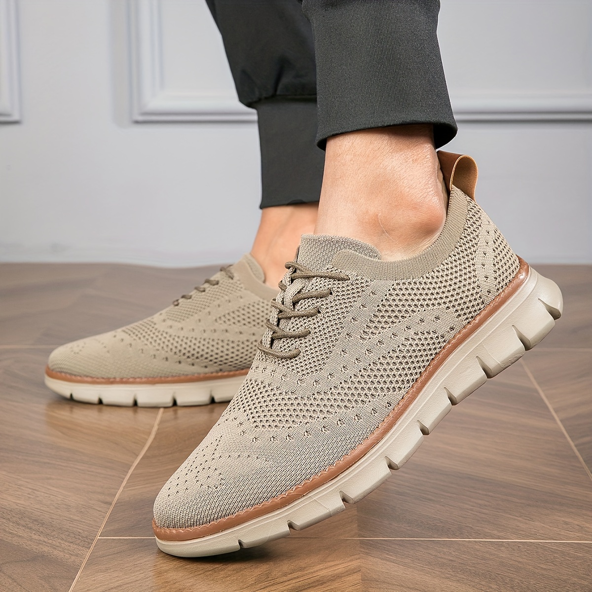 Plus Size Men's Solid Colour Woven Knit Breathable Sneakers, Comfy Non Slip Durable Lace Up Shoes For Men's Outdoor Activities