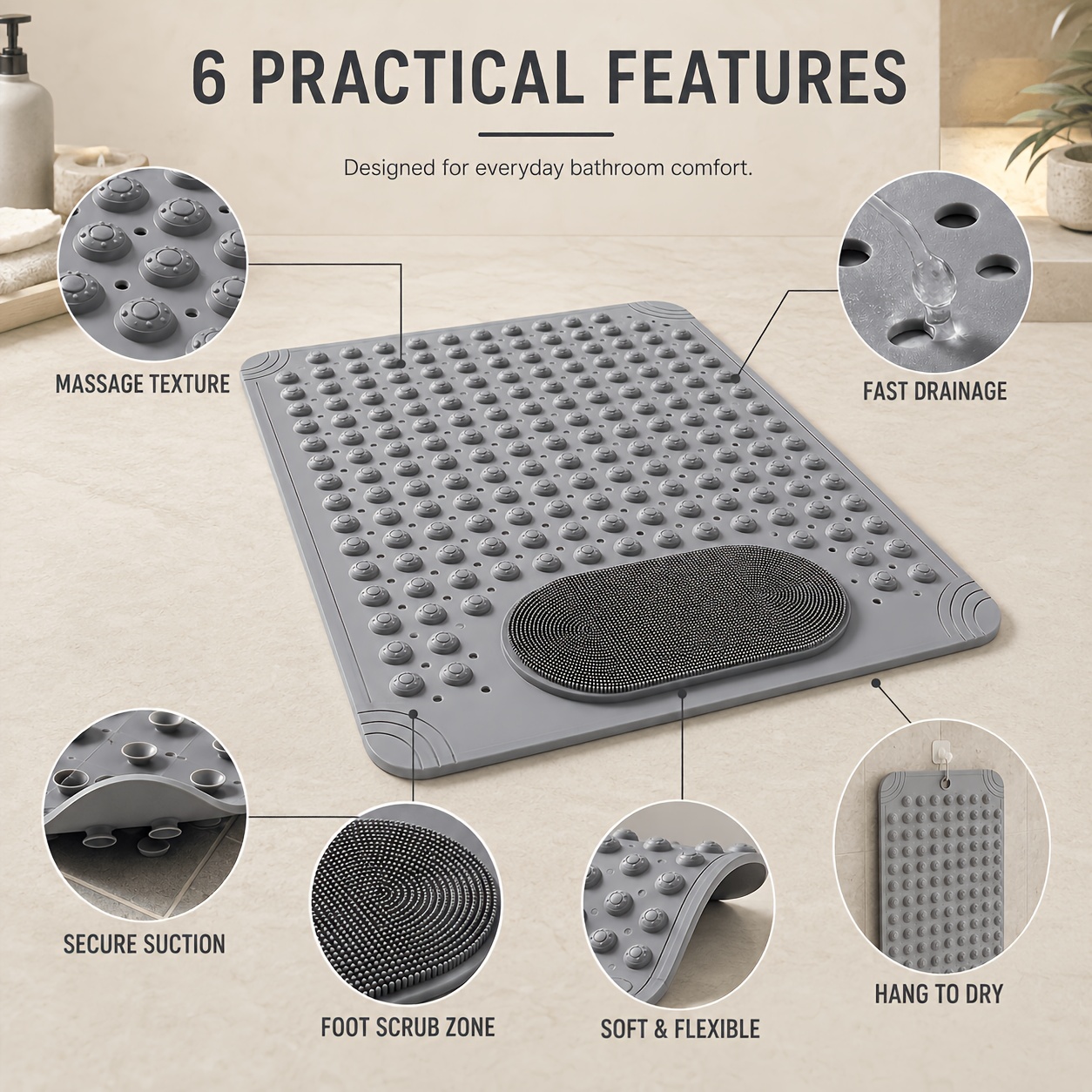 Image of Bathtub Shower Special Anti-slip Mat Foldable Storage With Massage Hollow Drainage Household Bath Anti-fall Foot Mat 2 Colors