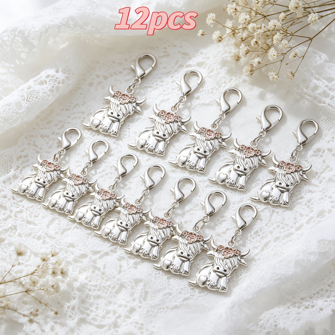 TEMU 12pcs Elegant Rose Flower Crown Highland Cow Keychain Pendant, Symbolizing And , Gift, Suitable For Women, , Birthday Memorial Gift, Back-to-