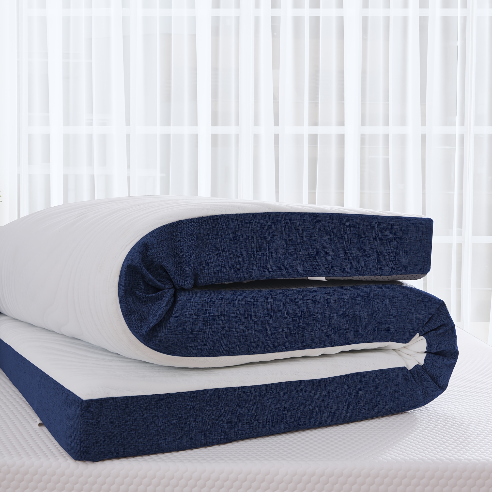 TEMU 3 Inch Mattress Topper Twin/full/queen/ Mattress Topper - Back Support - - Cooler Mattress Topper With Non-slip Bottom, White And Blue,