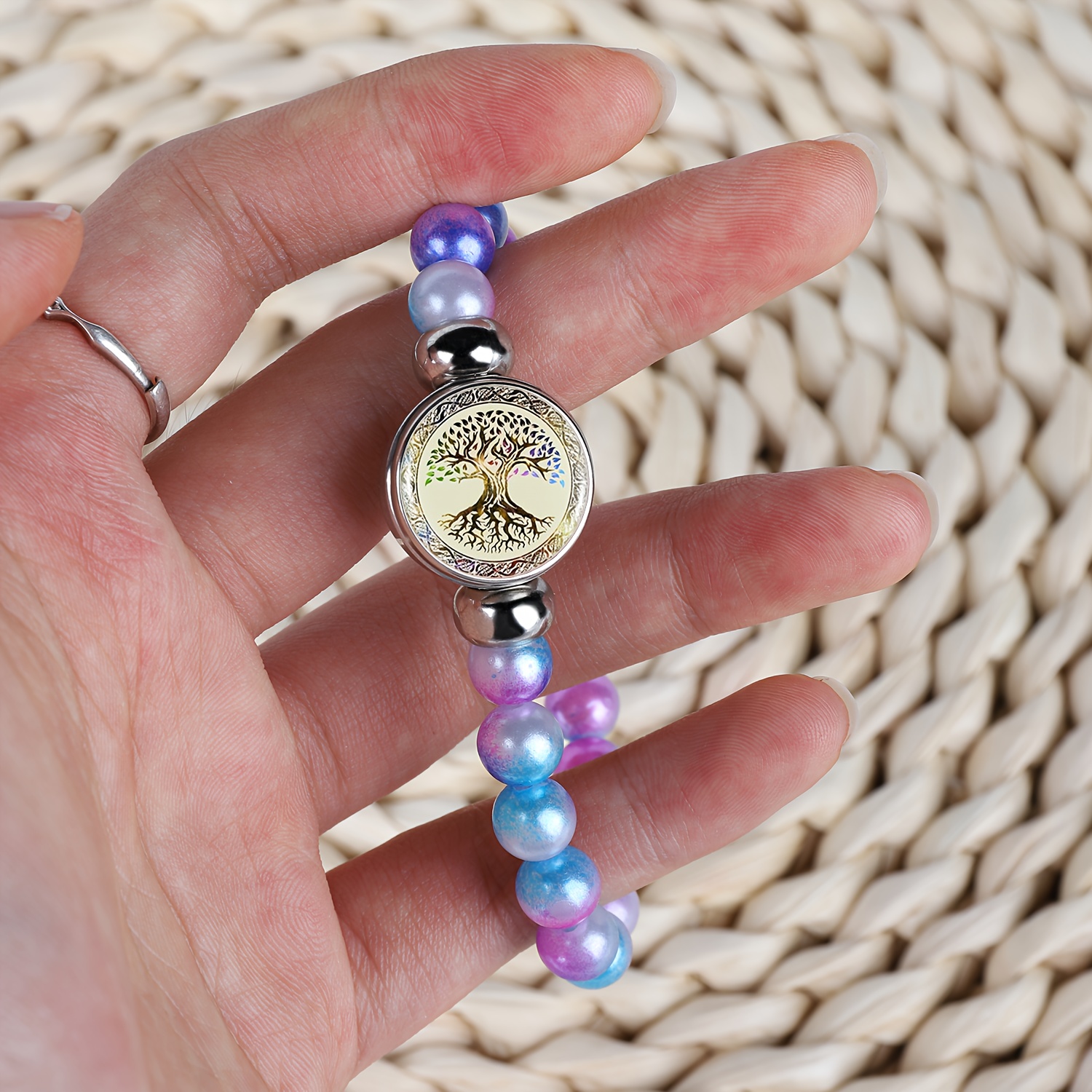 Fashion Rainbow Mixed Plastic Bead Bracelet with Tree of Life Pattern