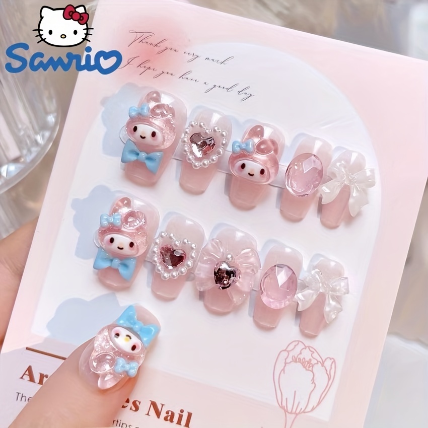 

24pcs Sanrio Cute Press-on Nails Set - Kawaii My Melody & Friends, Matte Pink Oval Fake Nails With Animal Designs For Women And Girls