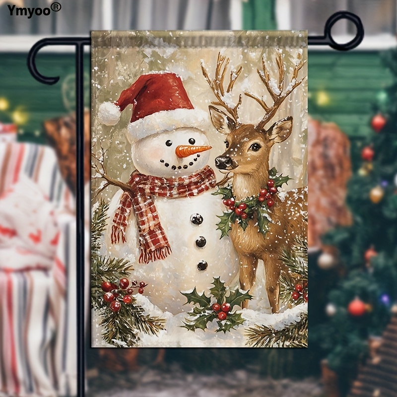 TEMU 1pc Of Double-sided Garden Decoration Flag Featuring A Winter Snowman And Reindeer With A Welcome Banner