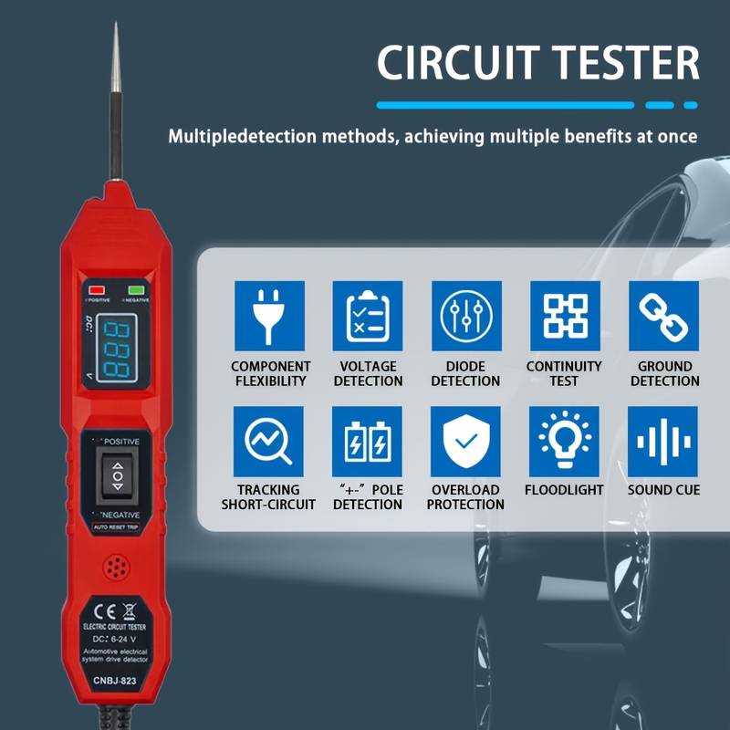 Testeur De Circuit Automobile PARAOUTIL 9V-30V DC - 4 Modes (tension, Continuité, Polarité, Température) - Avec Sonde Et Lampe