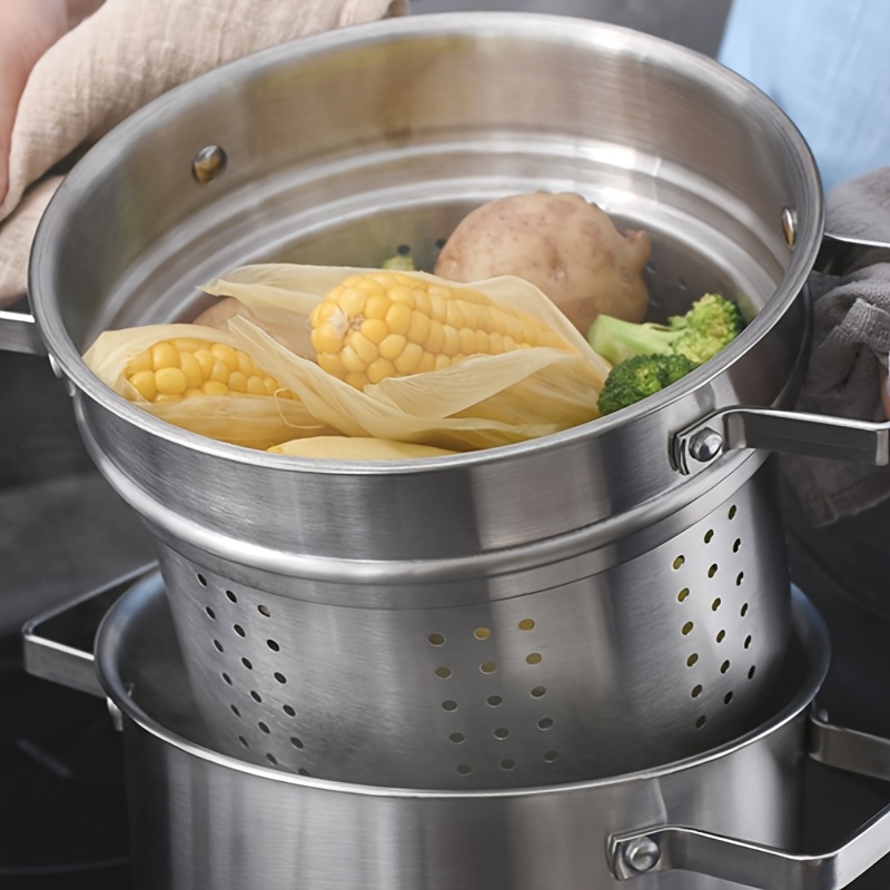   stainless steel pasta pot set with steamer basket and lid   cookware boiler for steaming and cooking kitchen essentials details 4