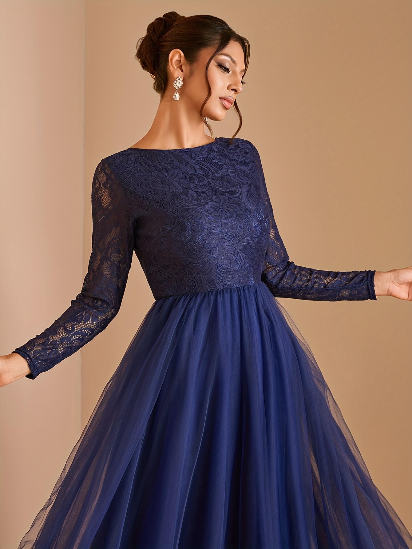 navy blue lace evening dress with sheer long sleeves Zapaka Women Navy Long Sleeves A-Line Lace Long Mother of the Bride Dress  V-Neck Long Sleeves Wedding Guest Dress – ZAPAKA