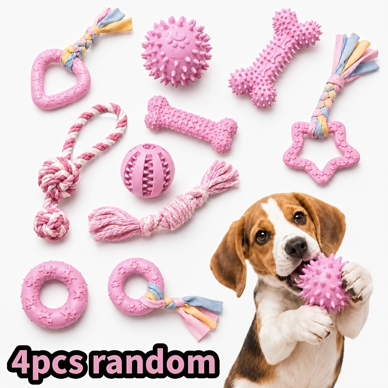 TEMU 4pcs Pink Tpr Chew-resistant Teething And Dental Pet Toy Set, Random Styles