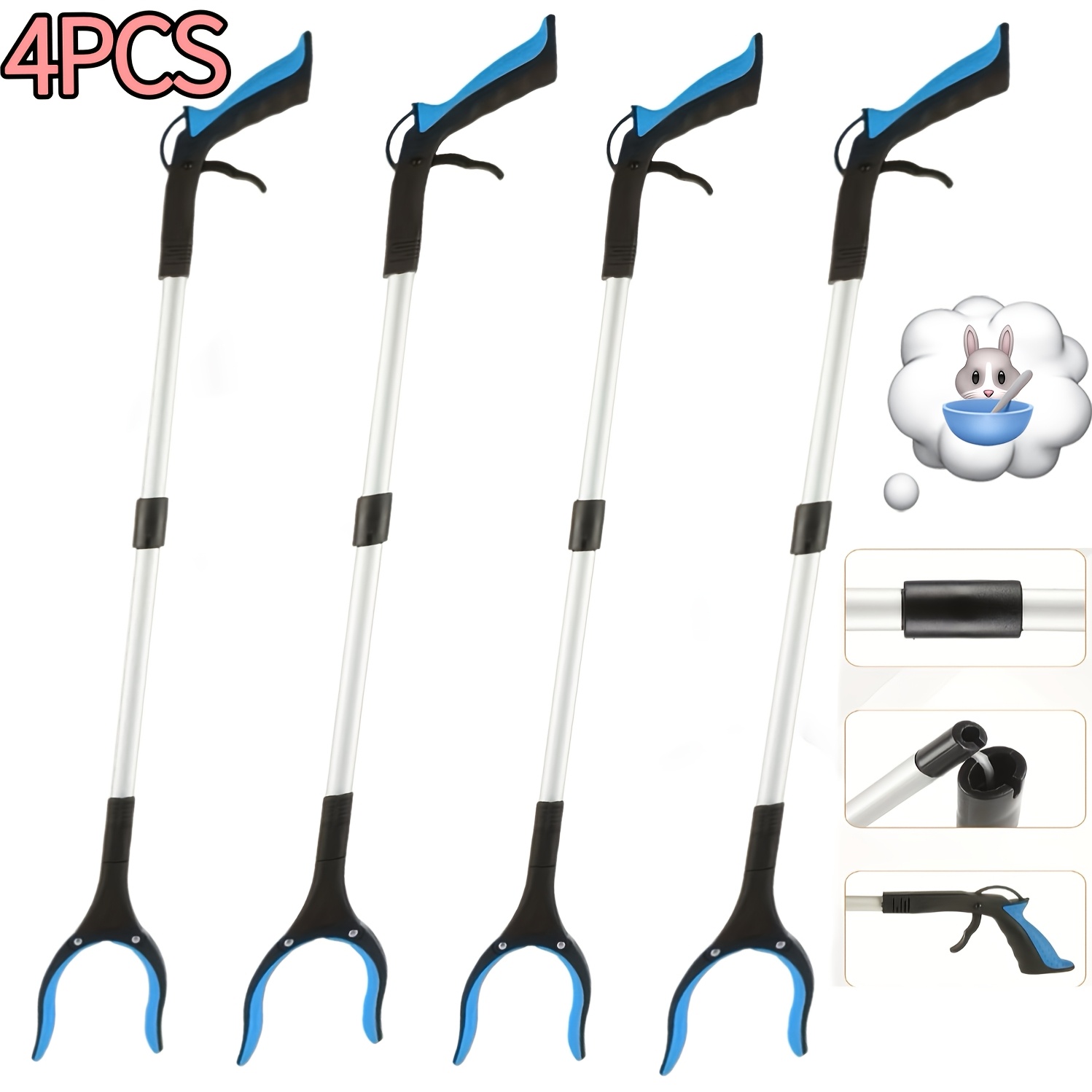 TEMU 4pcs/2pcs Of Blue Grasping Tool Set, 32.6-inch Ultra Long Foldable Gripper And - Suitable For Heavy-duty Picking Rod Gripper For Elderly People,