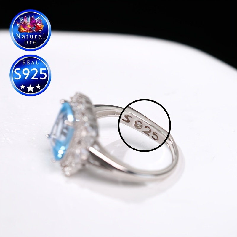 Women's Adjustable 925 Silver Ring with Blue Natural Topaz, Gift Box