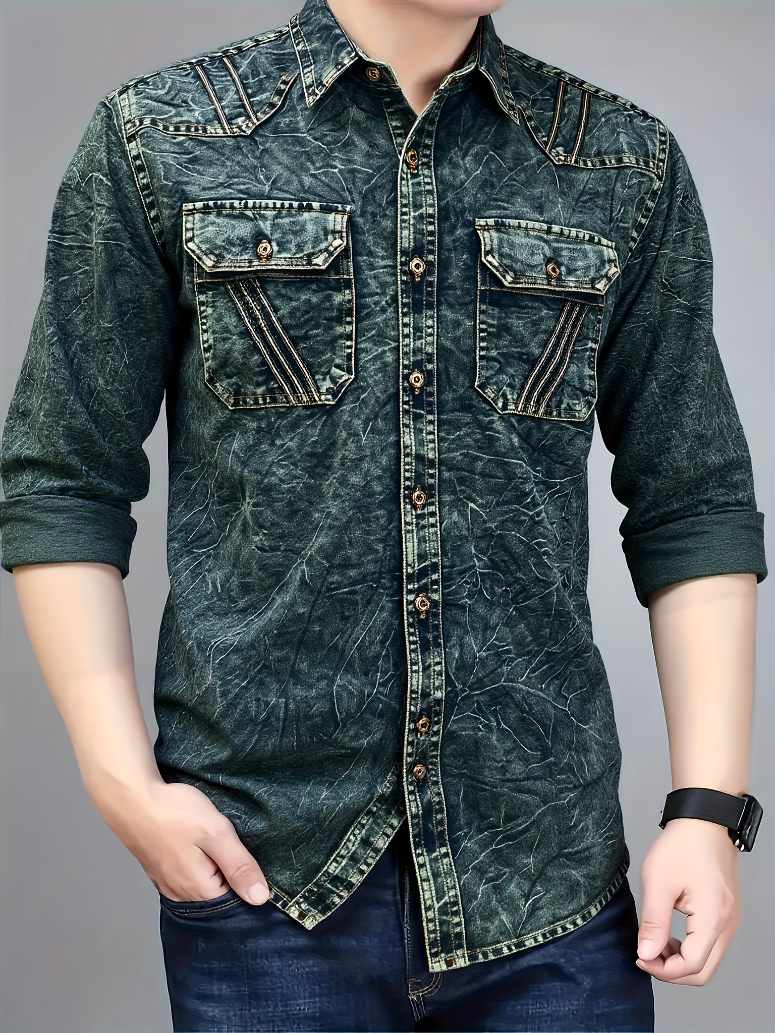 men's stylish long sleeve denim shirt vintage distressed Temu