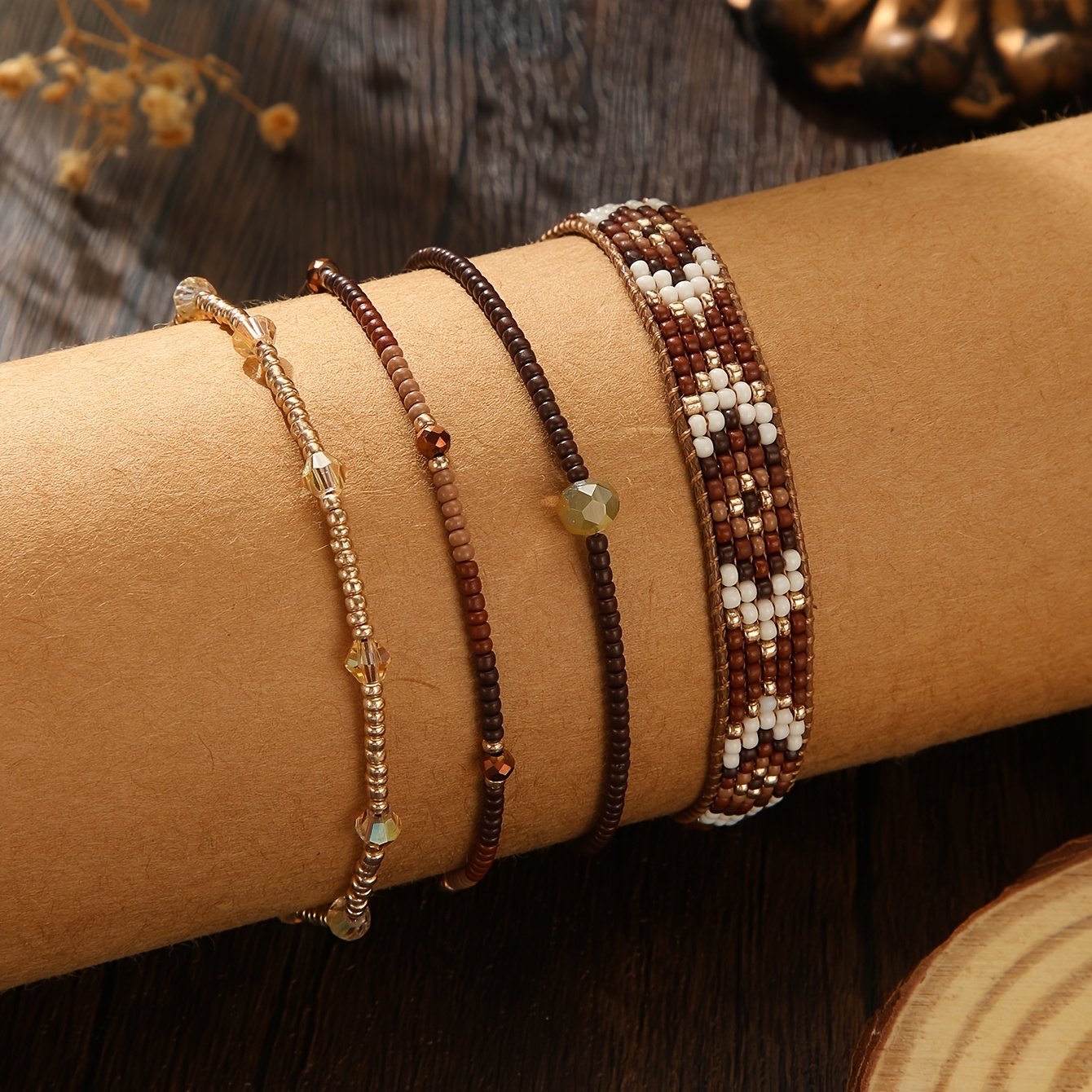 4pc Boho Vintage Stackable Beaded Bracelet Set