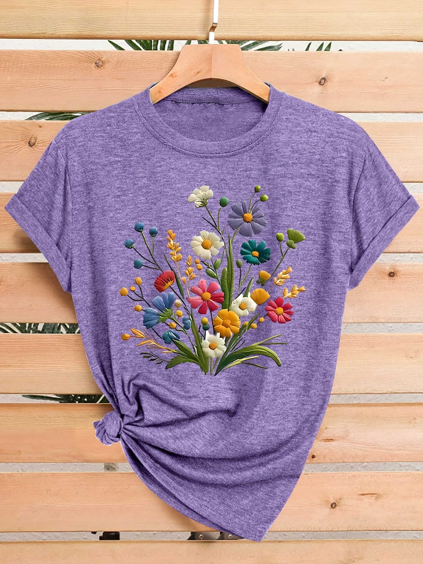 womens floral print t shirt casual crew neck short sleeve top medium stretch fabric vintage style with colorful   sizes s xxl Product details 1