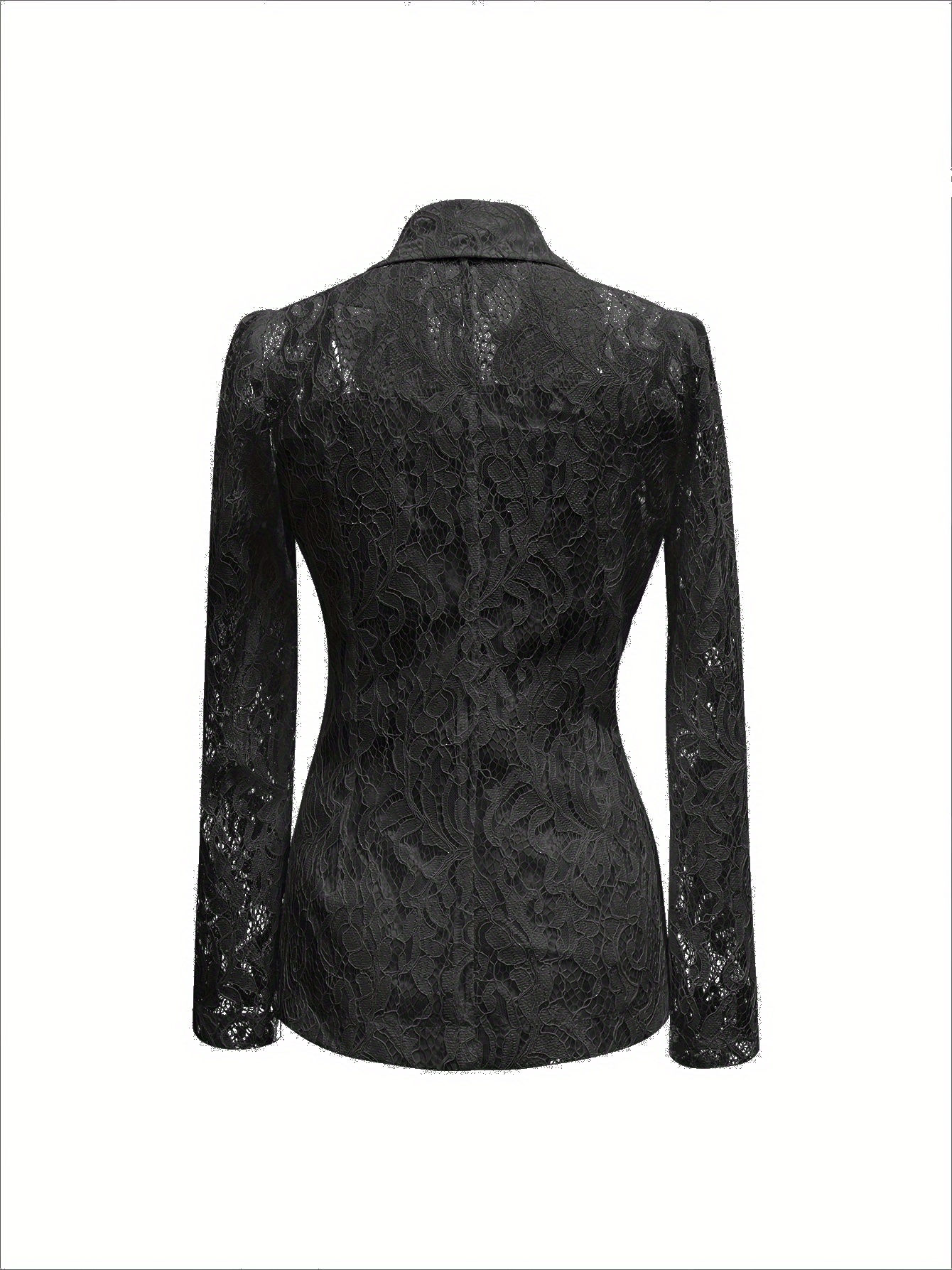 Elegant Black Lace Single-Breasted Blazer with Flap Collar - Polyester, Long Sleeve, Spring/Summer Fashion, No Belt, Stylish Women'S Blazer|Flap Collar Blazer|Polyester Blazer