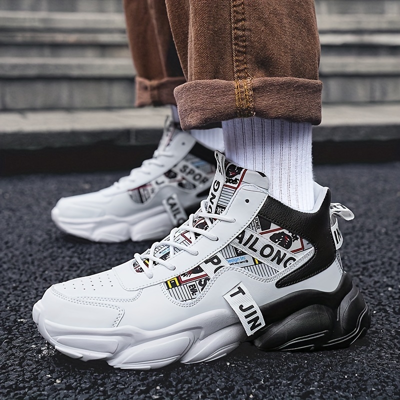 Zapatillas casuales de caña alta para hombre con patrón aleatorio, ajuste universal, cierre de cordones, uso para todas las estaciones, punta redonda, suela de PVC, plantilla de tela y parte superior de imitación.