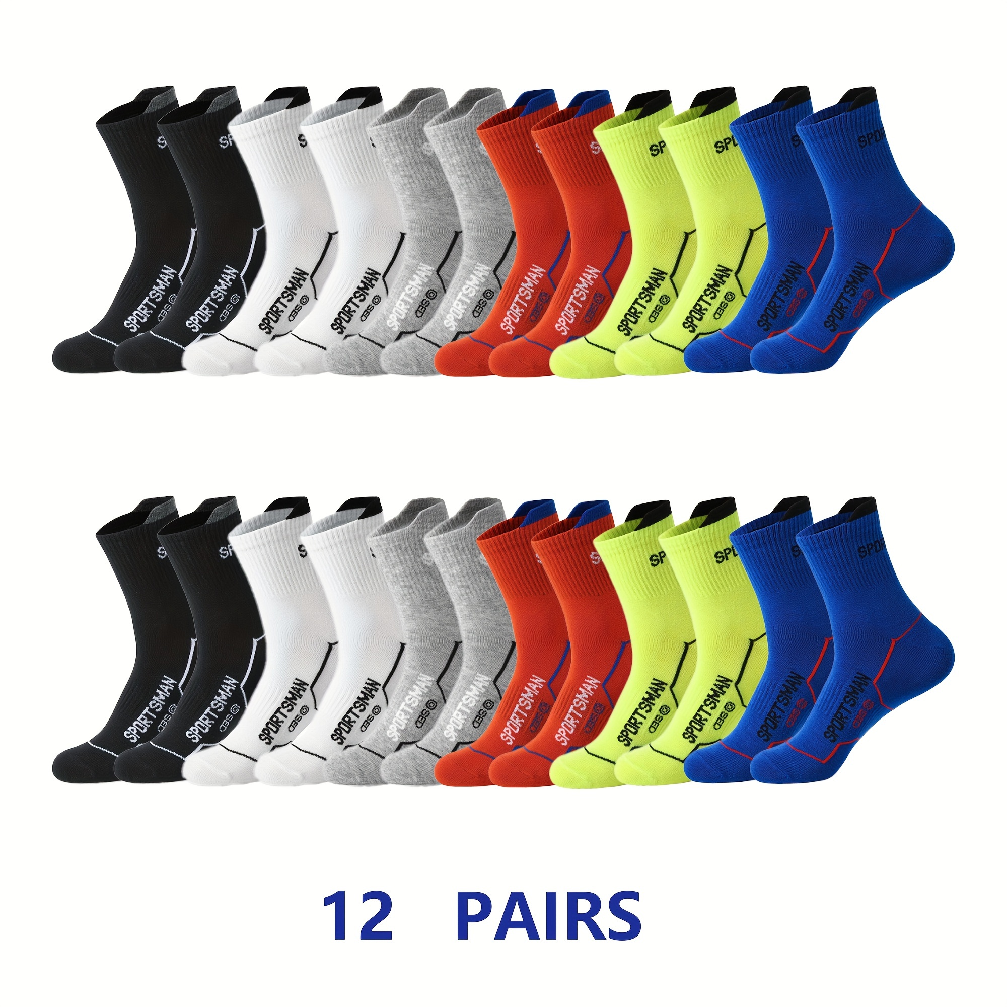 

12 Pairs Men's Mid-calf Athletic Socks, Moisture-wicking Anti-odor Cotton Crew Socks For Running, Cycling, Fitness, Basketball, Outdoor, Hiking - Assorted Colors