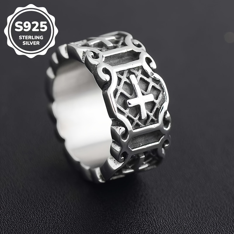 Image of 1pc S925 925 Silvery Plated Retro Fashion Aged Ring Unisex Open Adjustable High-quality Jewelry Suitable For Daily Casual Party Wear