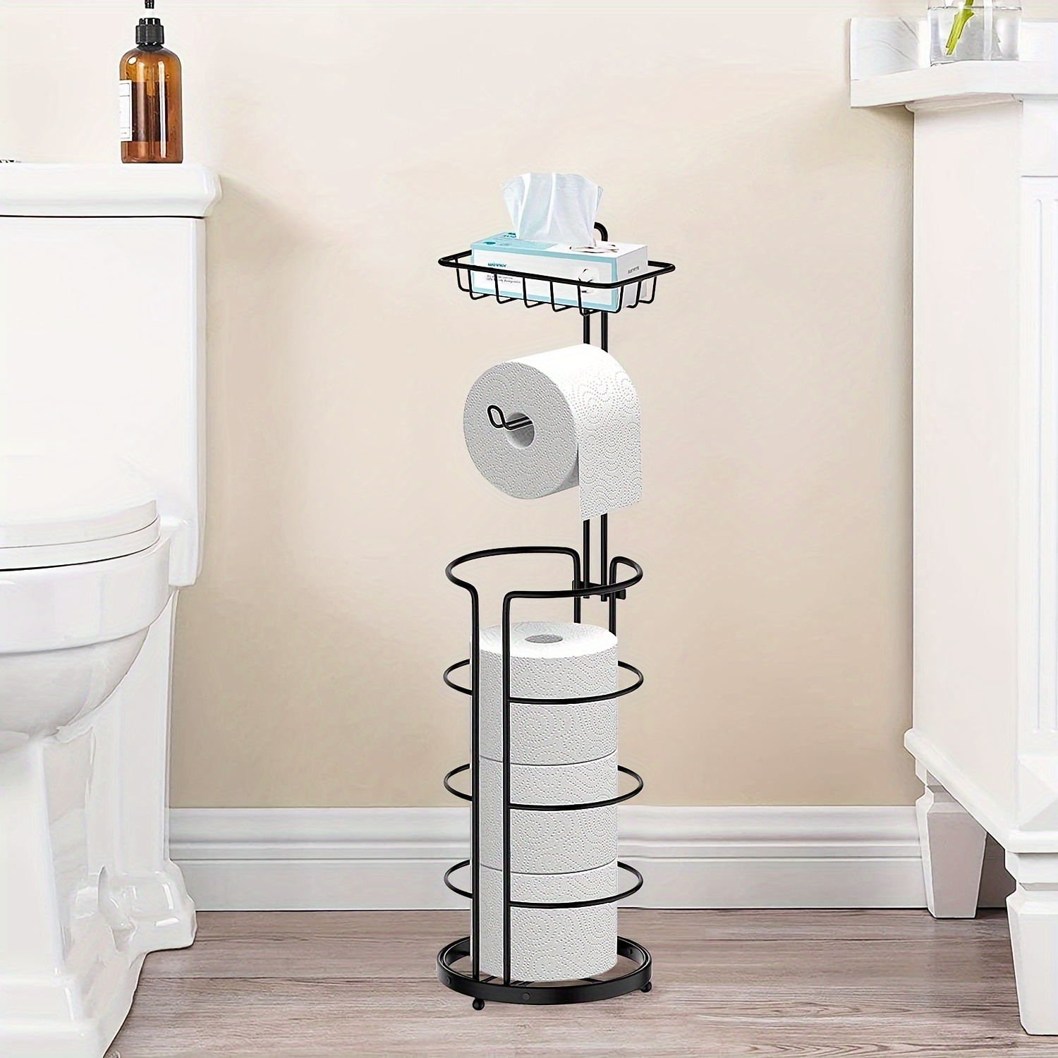 

Toilet Paper Holder Stand With Shelf, Free Standing Toilet Tissue Roll Storage Rack For Bathroom, Black