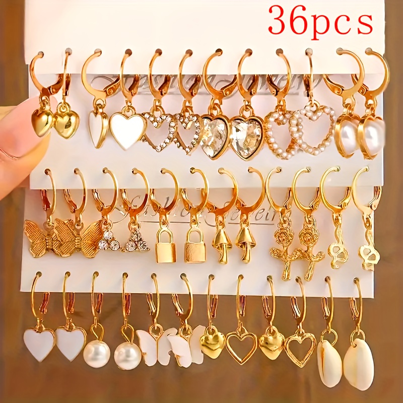 TEMU 24pcs/36pcs 12/18 Pairs Elegant Vintage Heart, , Hollow-out Flower, And Multi-shape Earring Set, Multi-piece Women's Earrings Suitable For Daily