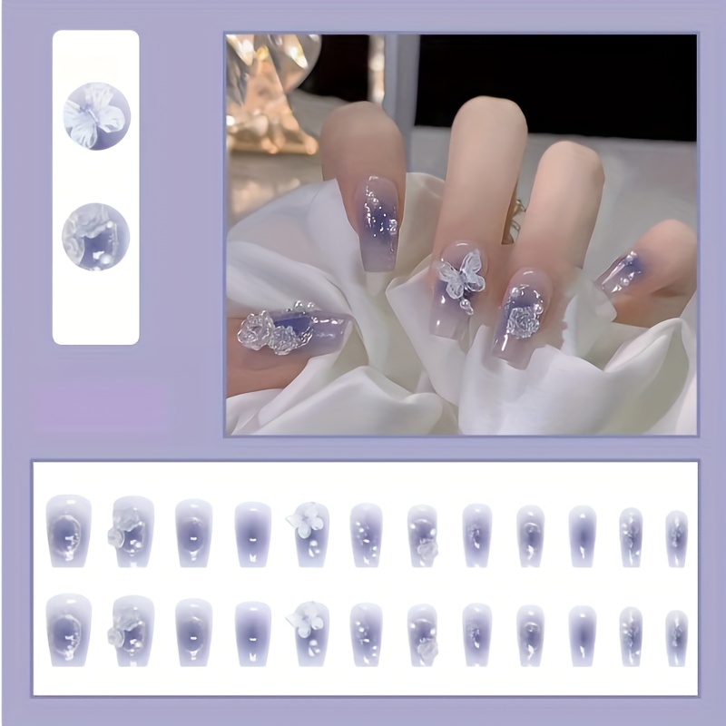 

24pcs Pure Fairy Temperament Full Of Cheek Blue Halo Aurora Butterfly Wear Fake Nails