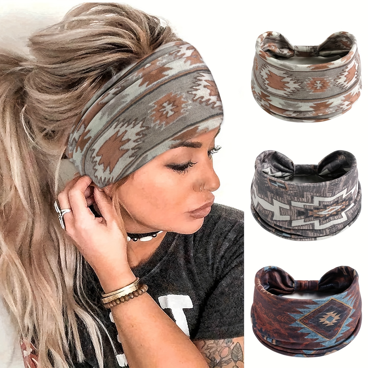 

3pcs Boho Print Headbands Set - Wide, Yoga & Fitness Hairbands, Polyester Fabric