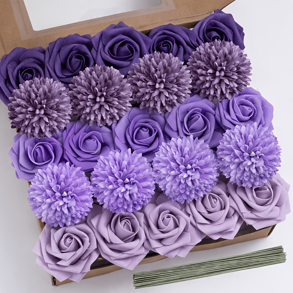 TEMU 23pcs Purple Flowers Artificial Roses Mixed Fake Roses Dahlia Chrysanthemum Balls Suitable For Wedding Bridal Bouquets, Table Centerpieces, Showers, Parties, Home Decorations