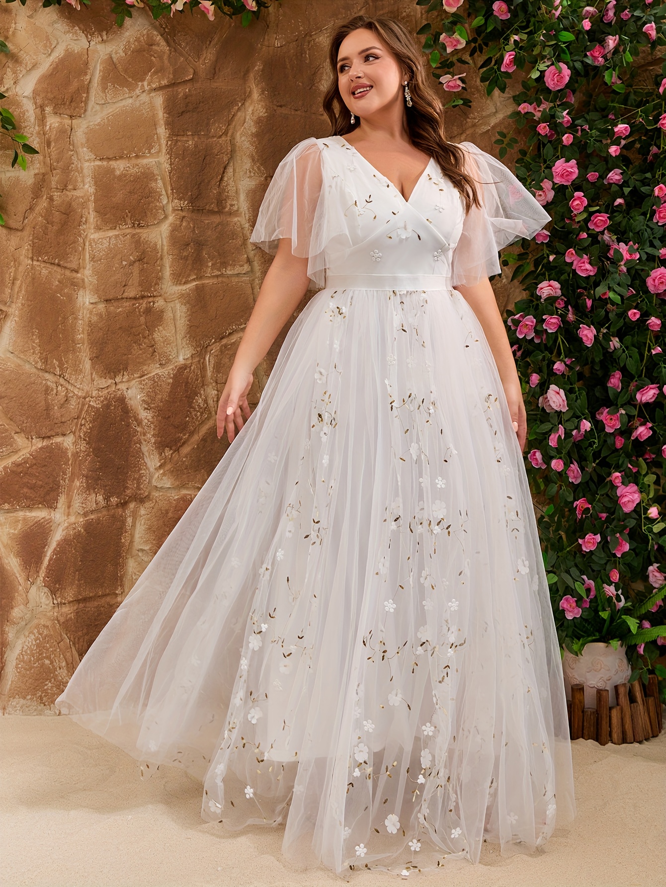 Plus Size, Plus Size Women's V-Neck Lightweight Wedding Dress with Petal  Ruffle Sleeves, for Bachelorette, Bridal Shower * Engagement, Honeymoon,  Reception, Rehearsal, Party, Prom